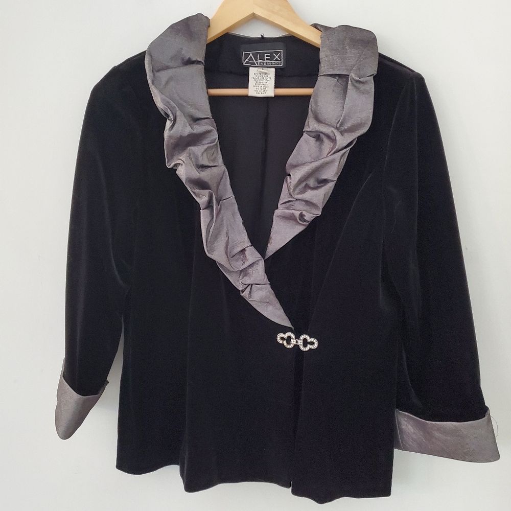 ALEX EVENINGS Sz L Black Velvet Gray Satin Accent Bling Closure Jacket Cocktail